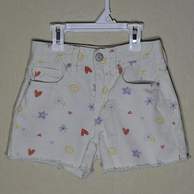 Pantalones Cortos Old Navy Niñas Talla 8 Blanco Alto Tiro Flores Corazones Ajustable Dobladillo Deshilachado Foto 1 de 4