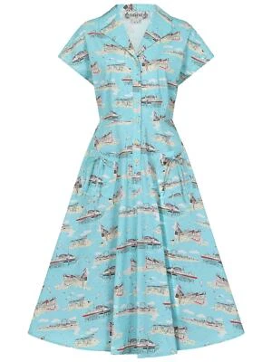 Vestido Columpio Cintura Camisa Estampado Postal Brighton Estilo Pin-Up Retro Años 50 Reino Unido 08-20 Foto 1 de 4