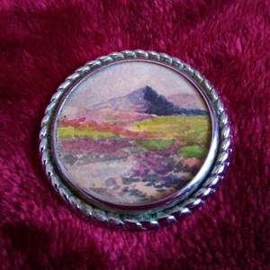 Miniatur Aquarell Gemälde Rahmen in einer Brosche rund Seiloptik 4,5 cm Durchmesser - Bild 1 von 5