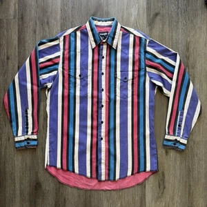 Vtg Wrangler Brushpopper Pink Turquoise Stripe Western Shirt Men’s Large 16.5-35 - Picture 1 of 14