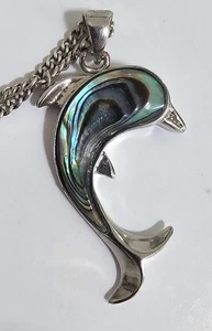 Abalone Shell 34mm Single Dolphin Pendant w Silver Brass Setting and Bail - Picture 1 of 4