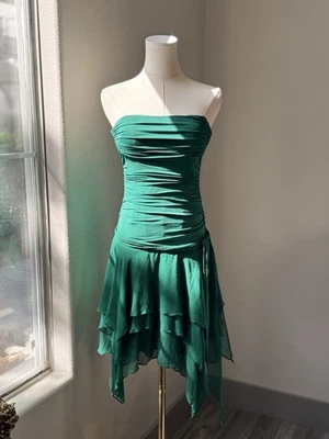 BCBG Size S, Green Fairy Mini Dress. Corset like top, silk ruffle tiered skirt - Image 1 of 4