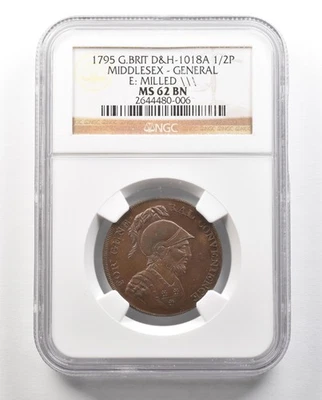 1795 G. Britain D&H-1018A 1/2 Penny Middlesex-General Milled MS62 BN NGC *4727 - Image 1 of 3