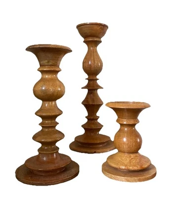 Pottery Barn Fruit Wood Turned Set Of 3 Chunky Pillar Candle Holders - Image 1 of 4