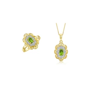 RYLOS 925 YELLOW GOLD PLATED SILVER PERIDOT & DIAMOND GEMS MATCHING SET SZ 5-10 - Picture 1 of 6