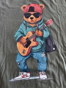 Kool Kid T-Shirt men's XL Bear Playing Guitar Green Graphic Shirt - Picture 1 of 5