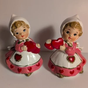 VTG Lefton Valentine's Day Girls Pink Dress Hearts Kitschy Figurines 7173 JAPAN - Picture 1 of 12