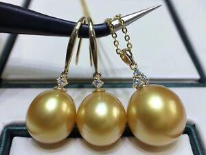 12-13 MM  natural  south sea gold pearl pendant 18 k yellow gold earrings 