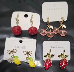 Set of 4 Fruit-Themed Women's Earrings - Lemon, Cherry, Strawberry Brand New - Picture 1 of 5
