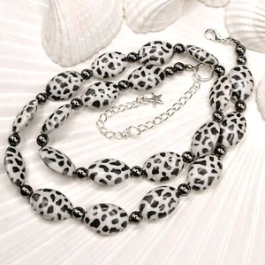Animal Print Pale Grey Necklace Giraffe Cow Dalmatian Leopard Jungle Statement - Picture 1 of 8