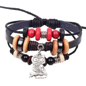 Handmade Leather Bracelet Black Red Tribal Owl Beads Bohemian - Picture 1 of 1