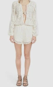 $69 Volcom Women's White Blouson Sleeves Tassel Jumpsuit Romper Juniors Size L - Picture 1 of 5