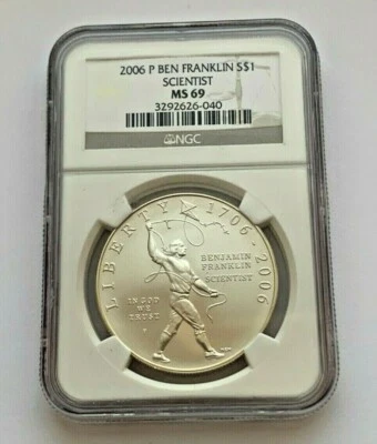 2006 P SILVER BEN FRANKLIN SCIENTIST NGC MS 69 $1 DOLLAR SILVER COIN - Image 1 of 4