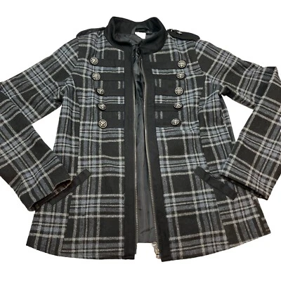 Chaqueta CRUEL EMO Cremallera, Abrigo Militar Negro Gris Mezcla de Lana a Cuadros Steampunk Gótico S Foto 1 de 4