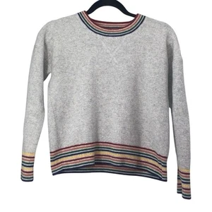 Madewell 100% Cashmere Waffle knit Crew Neck Gray Rainbow trim 70’s Sweater XS - Picture 1 of 5