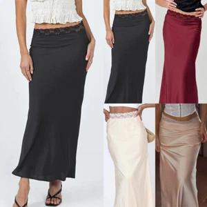 Summer Ladies Satin Silk Bodycon Skirts Long OL Dress Lace Elastics Waist Party - Picture 1 of 27