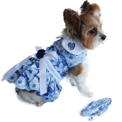 Dog Dress Blue Rose with Matching Leash Doggie Design - Image 1 of 4