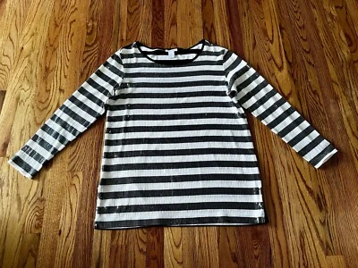 Top tejido Joan Vass a rayas blanco con lentejuelas negras cuello redondo talla 3/grande Foto 1 de 4