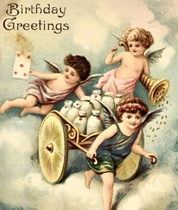 1911 Birthday Cupid Celebration Cute Baby Postcard Antique Vintage - Picture 1 of 3