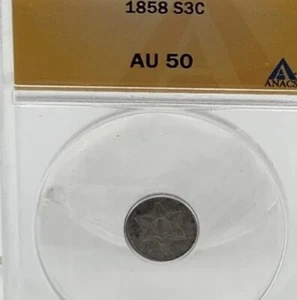 1858 Silver 3 Cent Piece Graded 50 Almost Uncirculated By ANACS - Picture 1 of 4