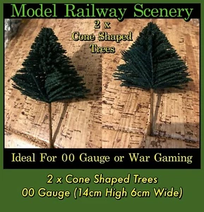 Model Railway / Diorama: 2 x Cone Shaped Trees - 00 Gauge (14cm High 6cm Wide) - Picture 1 of 4