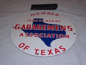 VINTAGE MITGLIED UNABHÄNGIGE GARAGEMENS ASSOCIATION TEXAS 14" PORZELLAN METALLSCHILD - Bild 1 von 14