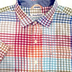Tommy Bahama Plaid Short Sleeve Button Up Shirt Men's Large Red Orange Casual - Picture 1 of 7