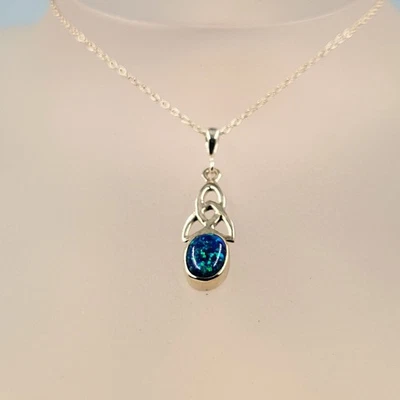 Fire-Opal Celtic Pendant, Blue Fire Opal, Lab Created Gemstone, Celtic Design - Image 1 of 4