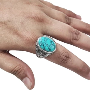 NATURAL TIBETAN TURQUOISE DECEMBER BIRTH 925 STERLING SILVER HEAVY MENS RING - Picture 1 of 9