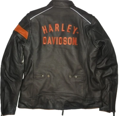 Chaqueta de montar Harley-Davidson de cuero grande para mujer negra naranja autopista 100 Foto 1 de 4