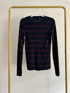 Athleta Bayside Navy Red Striped Ribbed Sweater Women’s  Sz L Merino Wool Blend - Picture 1 of 6