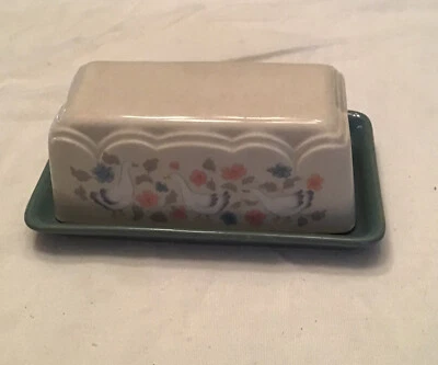 Plato de mantequilla azul cubierto moteado ganso blanco vintage granja cocina de campo Foto 1 de 4