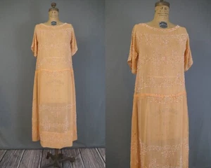 1920s Vintage Beaded Peach Dress, Sheer Cotton Gauze with Orange & White Beads, - Picture 1 of 24