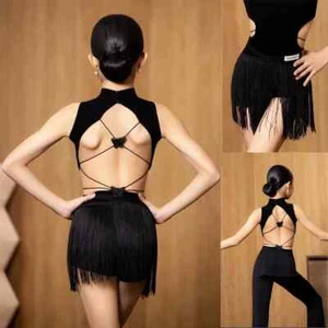 Latin Dance Suit Clothes Girls Short Sleeve Tops Fringe Skirt Performance Set - Picture 1 of 14