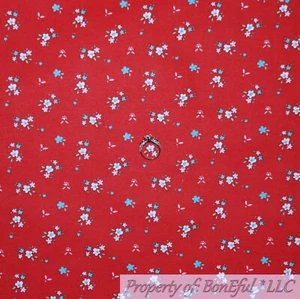 BonEful FABRIC FQ Cotton Flannel Quilt Red Blue White Tiny Small Little Flower S - Picture 1 of 16