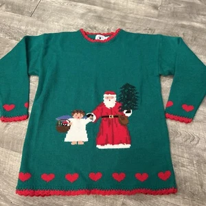 Vintage Girls Christmas Sweater Heartstrings Santa 14/16 - Picture 1 of 7
