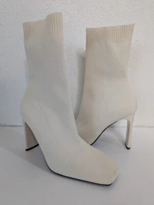 ZARA Women's White Square Toe Block Heels Fabric Ankle Sock Boots Size 38 US 7 - Picture 1 of 8