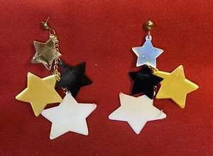 Earrings Black White Mirrored Star Acrylic Dangling Shoulder Sweeper - Picture 1 of 1