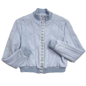 House of CB Rafal Suede Bomber Jacket Cropped Lined Powder Blue S - Picture 1 of 11