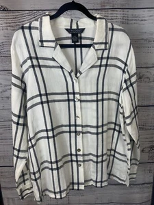 DIALOGUE Women's White Striped Black Button-up Long Sleeve Shirt Size L - Picture 1 of 3