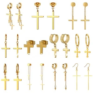 11 Pairs Stainless Steel Cross Stud Earrings for Women Men Hoop Dangle Earrings - Picture 1 of 31