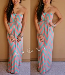New Womens MINT GREEN PEACH CHEVRON TUBE LONG STRAPLESS MAXI DRESS BOHO S M L - Picture 1 of 4
