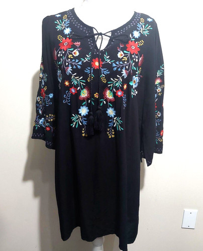 VETEMENTS Umgee Mini Abito Donna Medio Ricamato Boho Maniche a 3 4 Spacco Nero Floreale