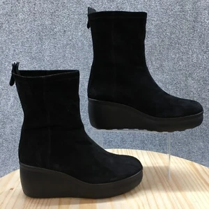 Geox Respira Boots Womens 9 Shperica Mid Calf Black Suede Back Zip Wedge - Picture 1 of 18