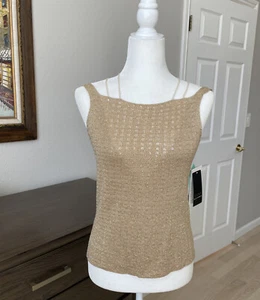 VTG Y2K Dana Buchman Women Sz PS Tank Top Gold Knit Sequins Beaded Open Back NEW - Picture 1 of 22
