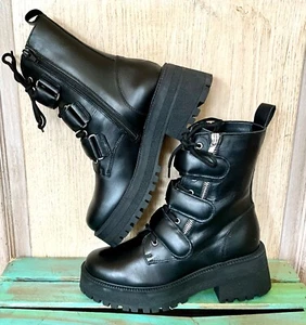 Free People Emmett Lace Up Boot Black Leather Straps Lug Sole Zipper 37/7 NEW - Picture 1 of 11