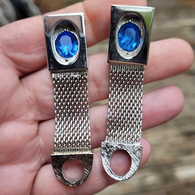 Gemelos Swank vintage envolventes de malla alrededor de piedra azul tono plata firmados S Foto 1 de 4