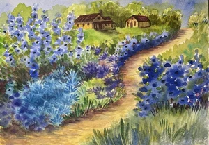 8 X 10 Original Pamela Wilhelm Watercolor Hillside Path Blue Flowers & Houses - Picture 1 of 3