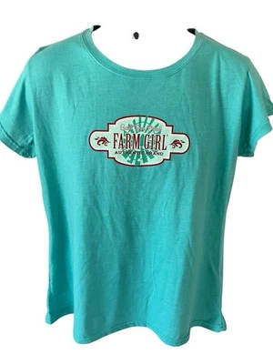 Camiseta Farm Girl Auténtica Para Mujer 2X Turquesa Cuello Redondo Manga Corta Foto 1 de 4