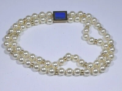 8 MM DOUBLE STRAND PEARL  NECKLACE WITH 14K GOLD  BEADS AND CLASP WITH LAPIS  - Image 1 of 4